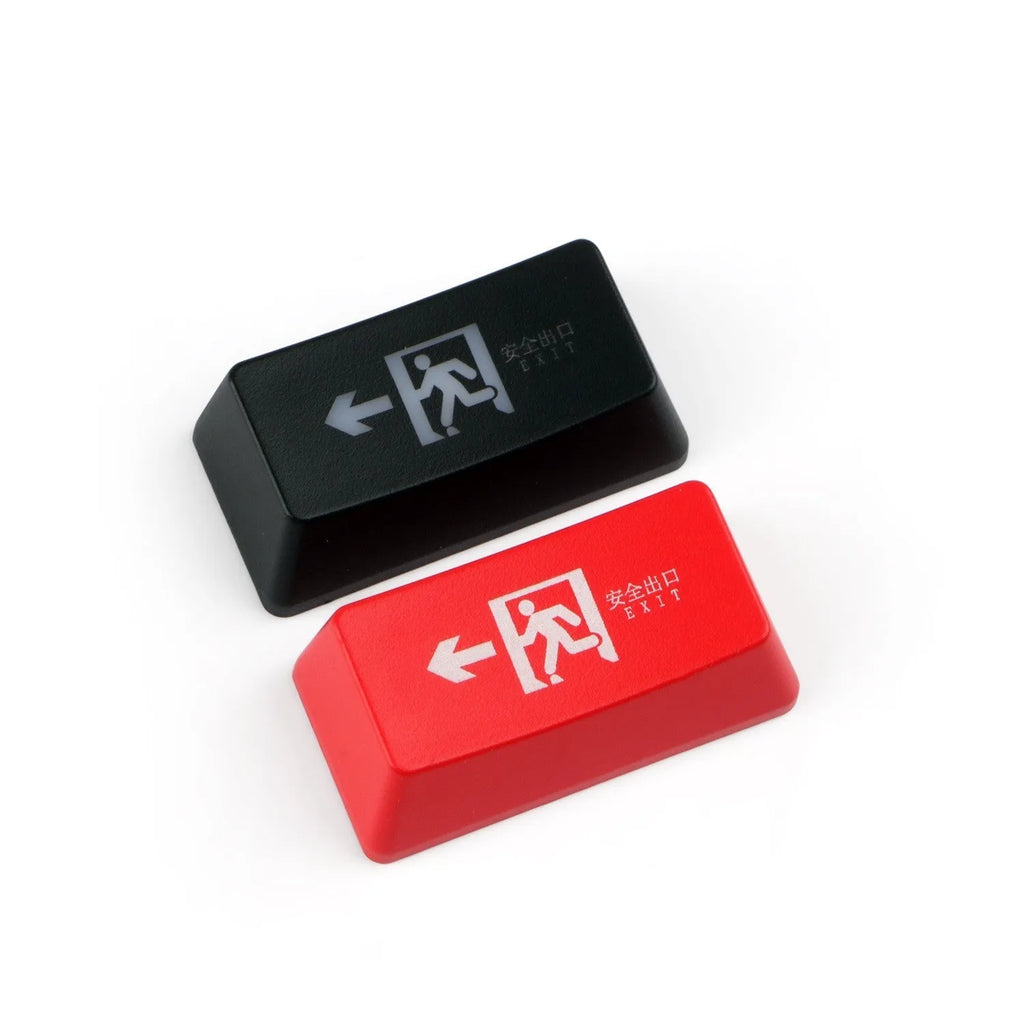 Transparent mechanical keyboard key cap with red evacuation exit symbol for backspace key