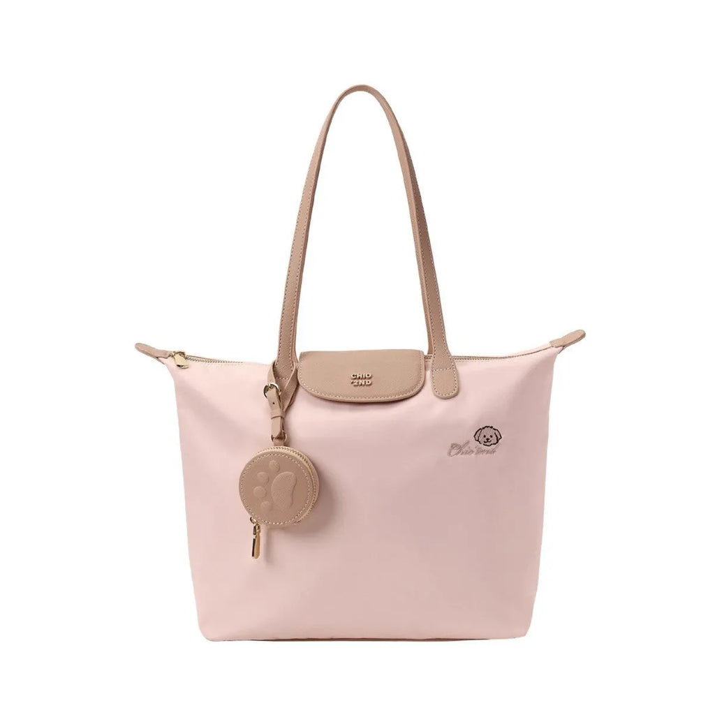 Beige Oxford cloth tote bag with sandwich pocket design and shoulder strap