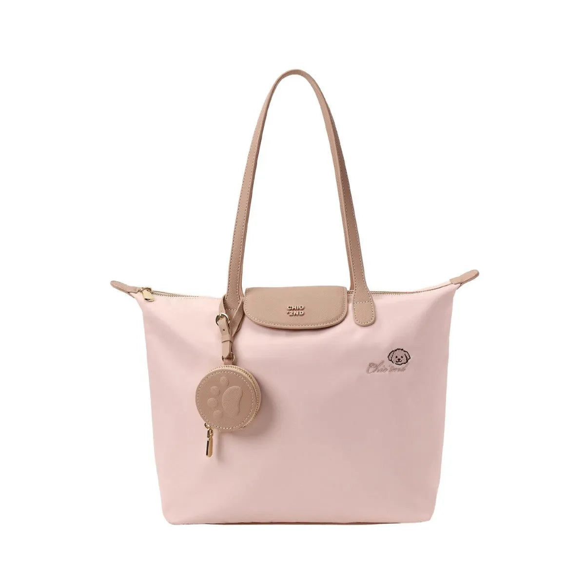 Beige Oxford cloth tote bag with sandwich pocket design and shoulder strap