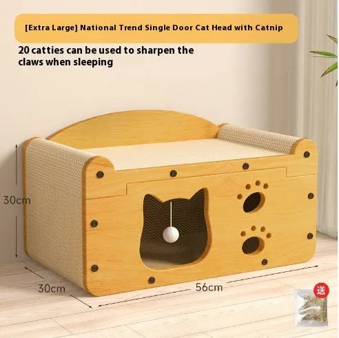 Double layer corrugated paper cat house with double ball double door design