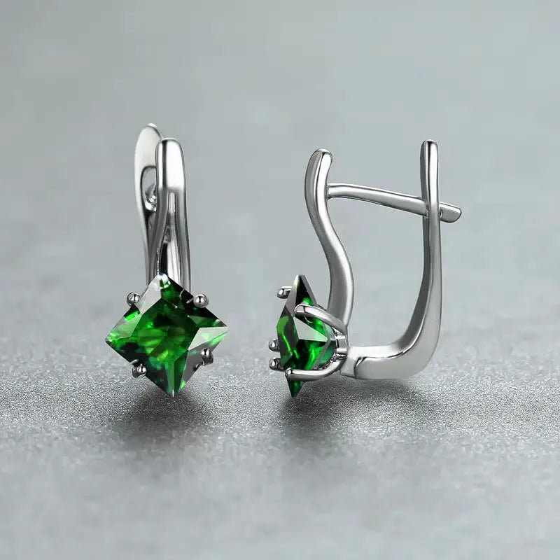 Copper women's diamond design stud earrings with inlaid zircon stones in blue, colour, and green options