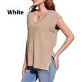 Women's camel-coloured V-neck sleeveless pullover vest with loose fit