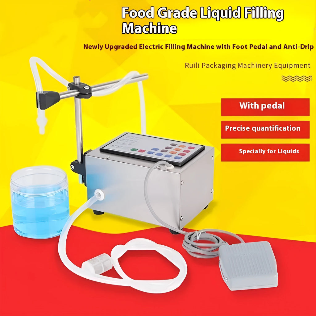 GFK280 CNC automatic liquid filling machine on a workbench with control panel and power adapters.