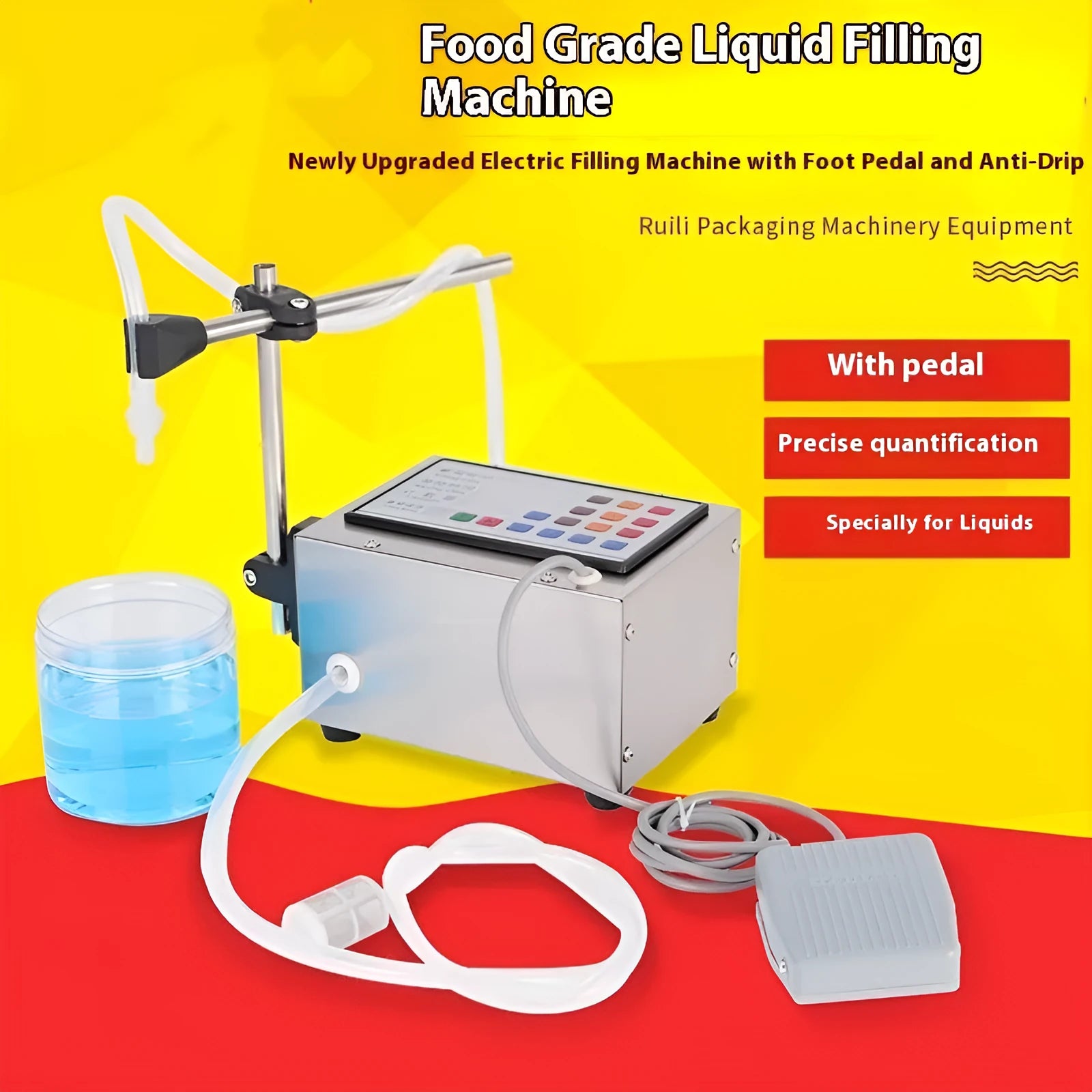 GFK280 CNC automatic liquid filling machine on a workbench with control panel and power adapters.