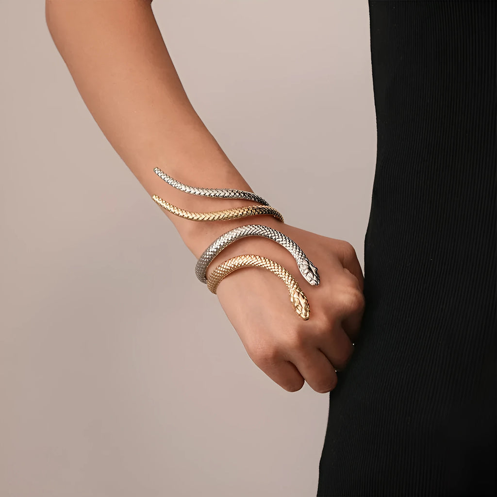 Exaggerated twisted winding simulated snake ring and bracelet set in gold or silver electroplated metal