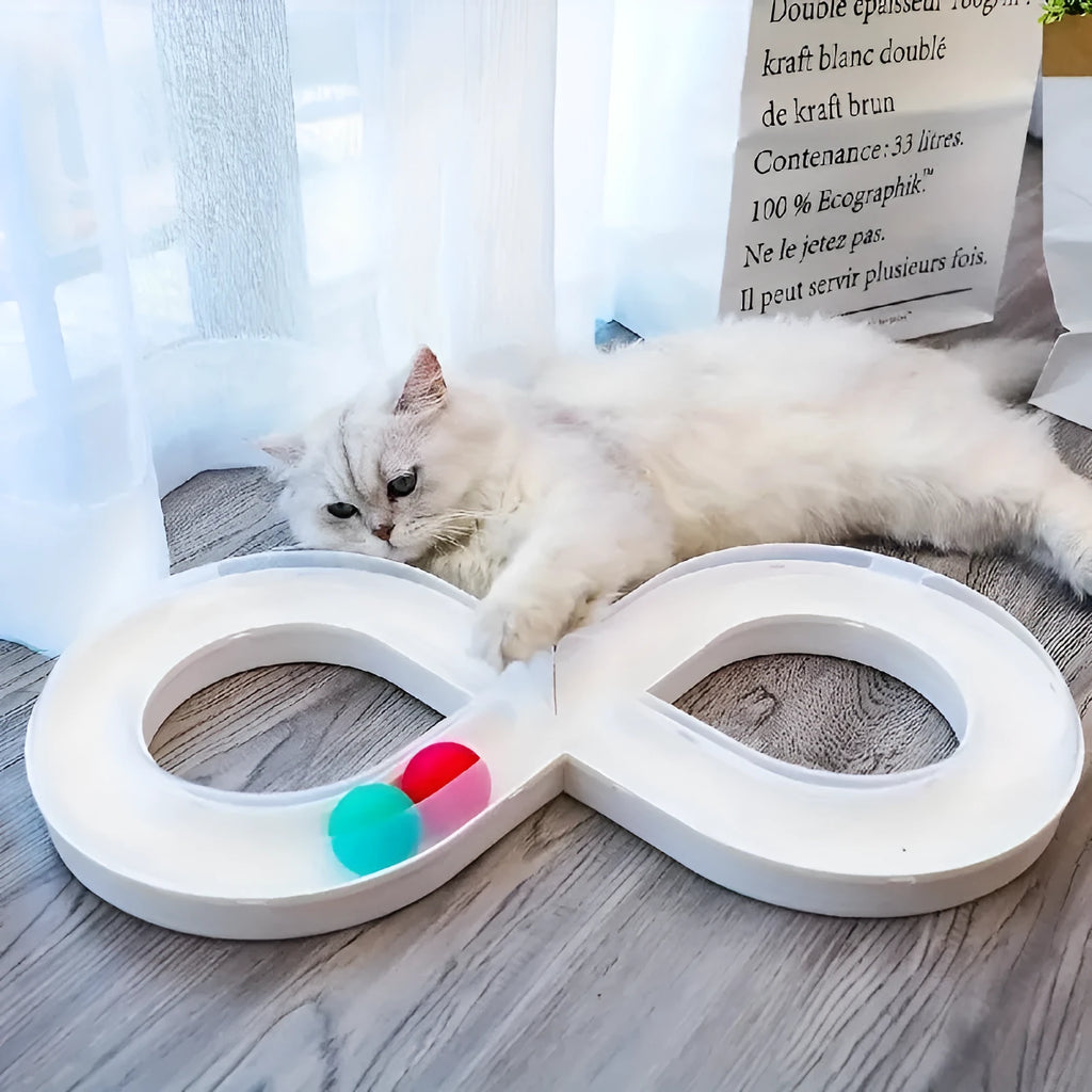 Blue and white cat track toy with turntable ball mechanism and teasing stick attachment