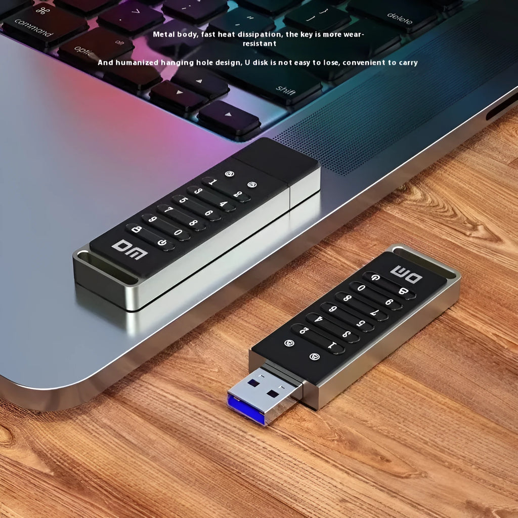 64GB metal fingerprint encrypted USB flash drive showing USB 3.0 connector.