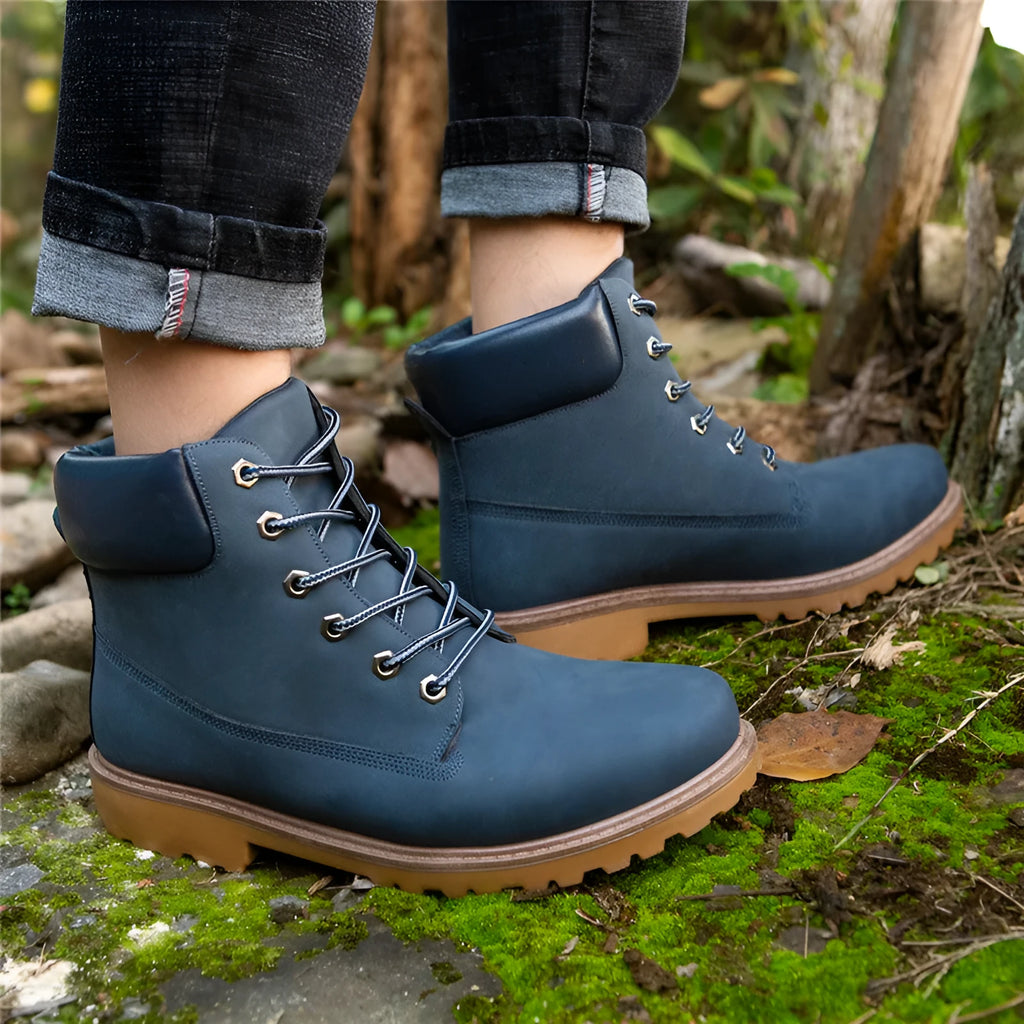 Men's pink high-top Martin boots with velvet lining, round toe, and flat lace-up front.