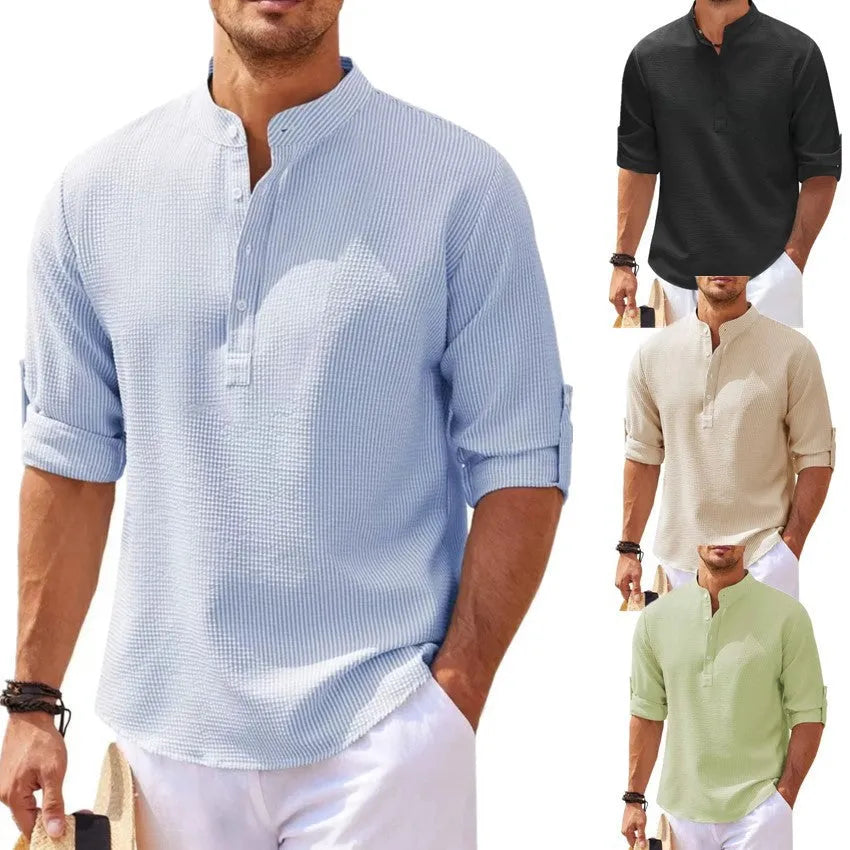 Men's stand collar shirt in pineapple texture polyester fabric, loose fit long sleeve, available in multiple colours