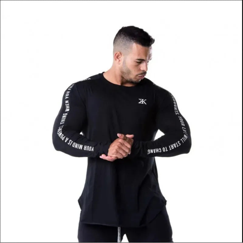 Men's round neck long sleeve fitness top in milk silk fabric with letter print, black colour, slim fit