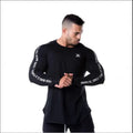 Men's round neck long sleeve fitness top in milk silk fabric with letter print, black colour, slim fit