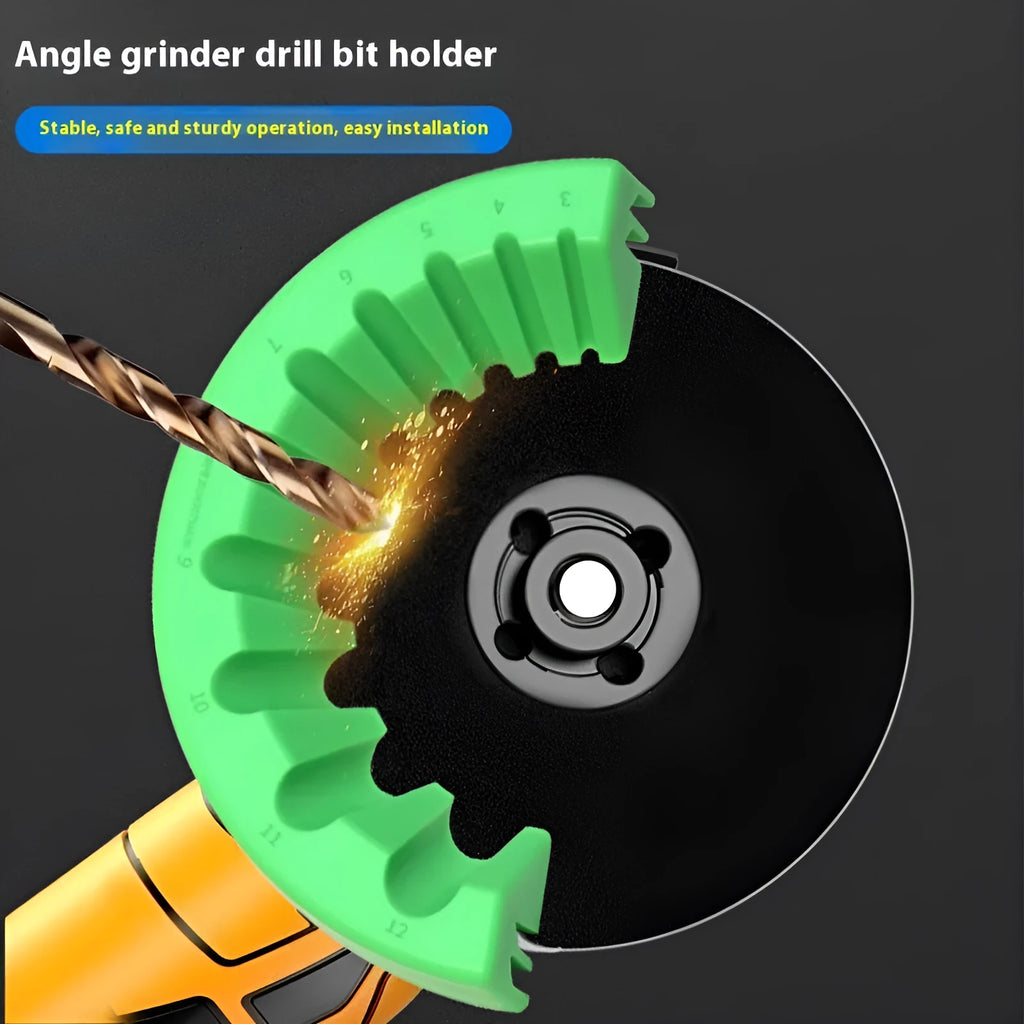 Angle grinder grinding bit bracket holder for 3-12mm drill bits in yellow, green or black patent finish