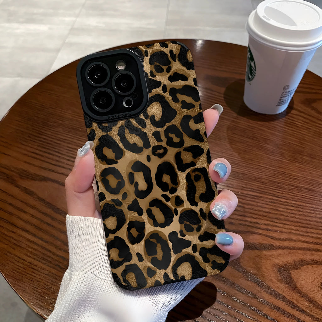 Gold leopard print all-inclusive phone case for Apple iPhone models, imitation leather, anti-fingerprint