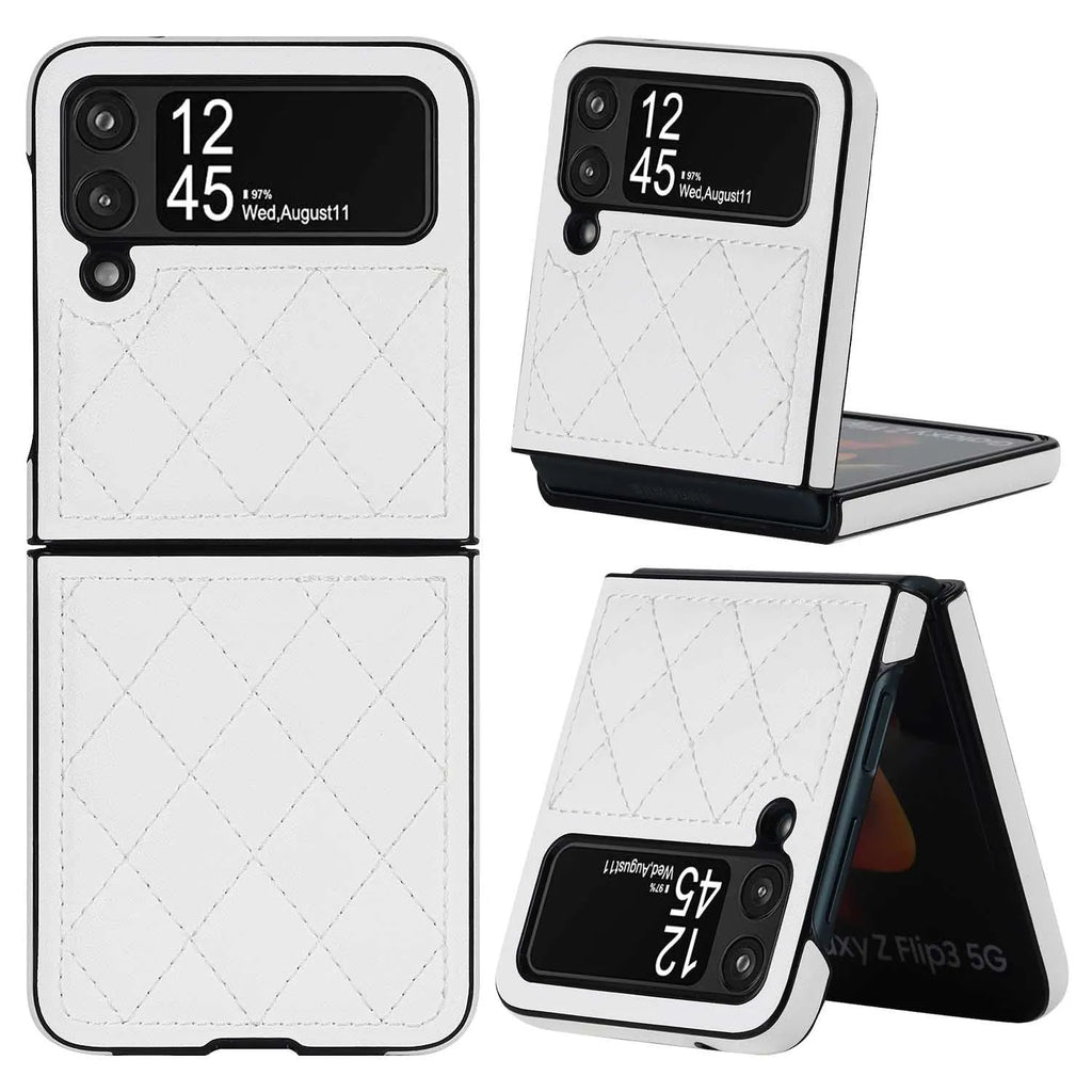 Foldable screen textured lambskin plaid phone case in black for Samsung Z Flip 3 5G and Z Flip 4 with anti-fall protection