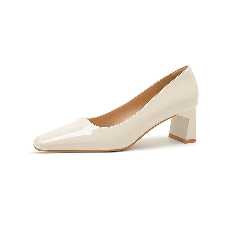 Classic style patent PU square toe mid heel pumps for women in nude pink