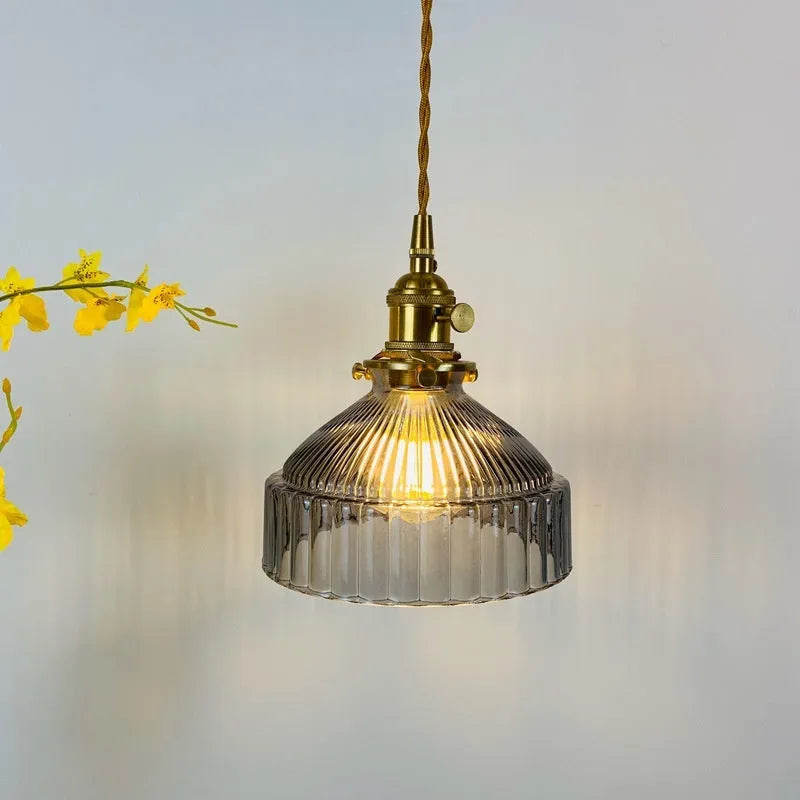 Nordic retro brass glass chandelier with adjustable height and multiple colour options including amber and dark green
