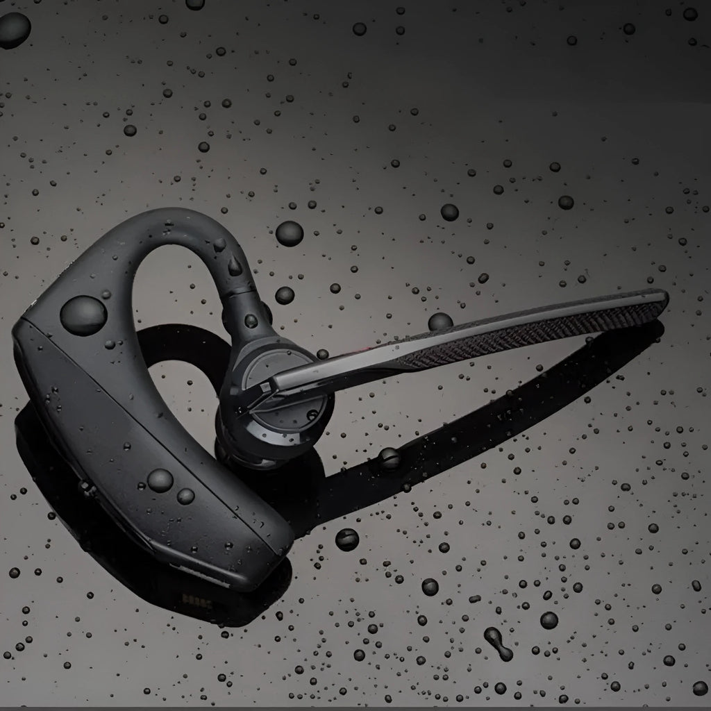 Black plastic Bluetooth sports headphones with a large battery and USB port.