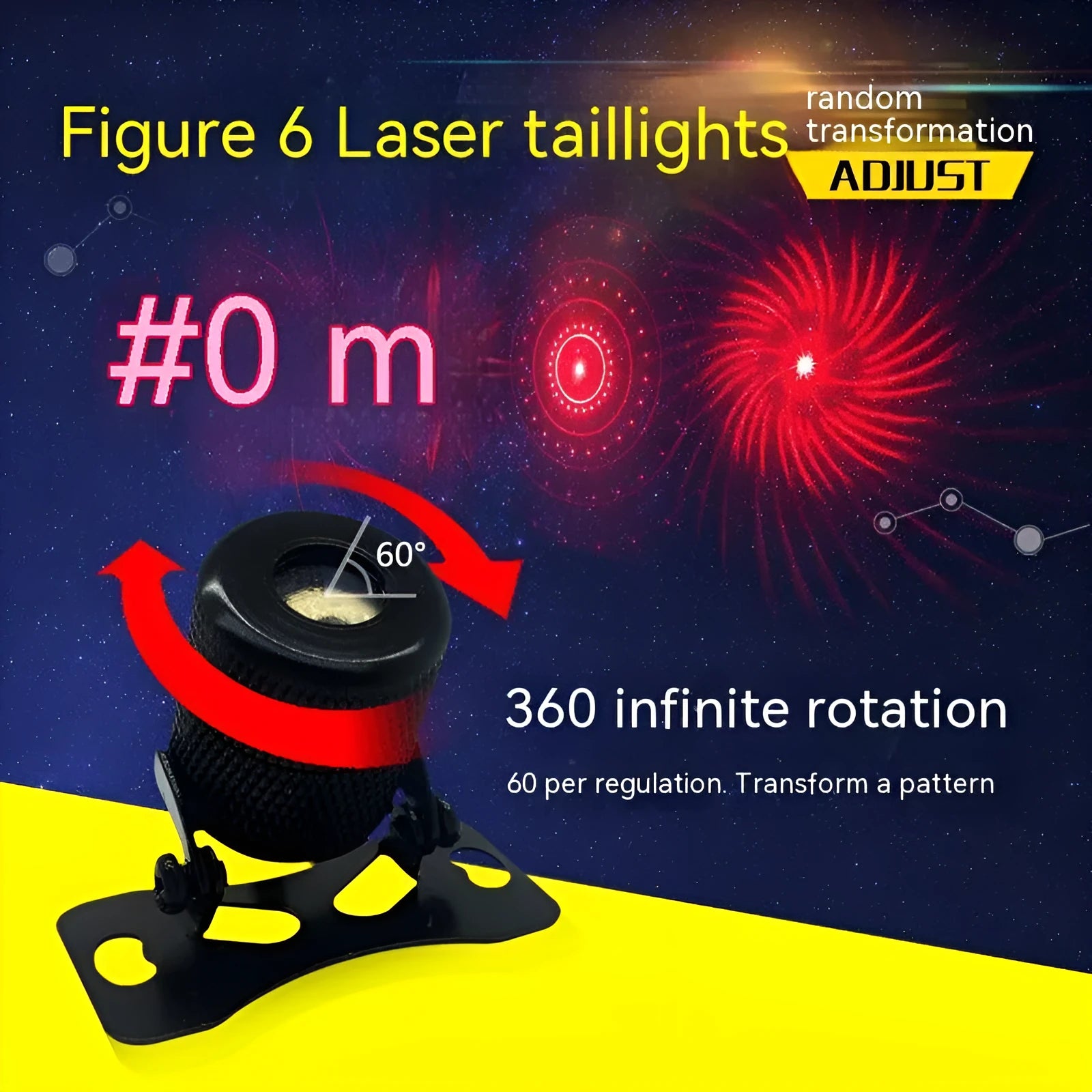 Aluminium housing laser fog lamp with red beam, showing adjustable mount and wiring for 12-24V vehicles.