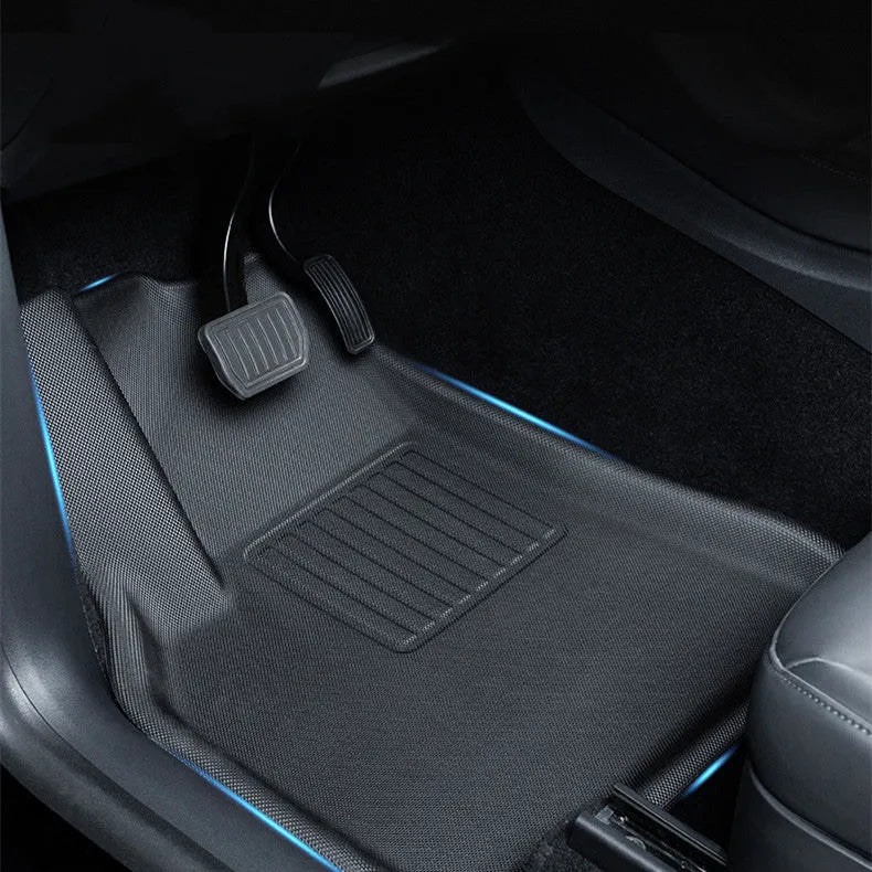 TPR floor mat set for Tesla Model Y showing foot mats, storage box mat, and tailbox protection