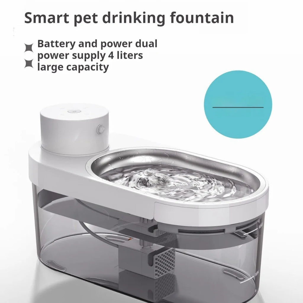 Black wireless stainless steel pet water dispenser with built-in battery for cats and dogs on a floor