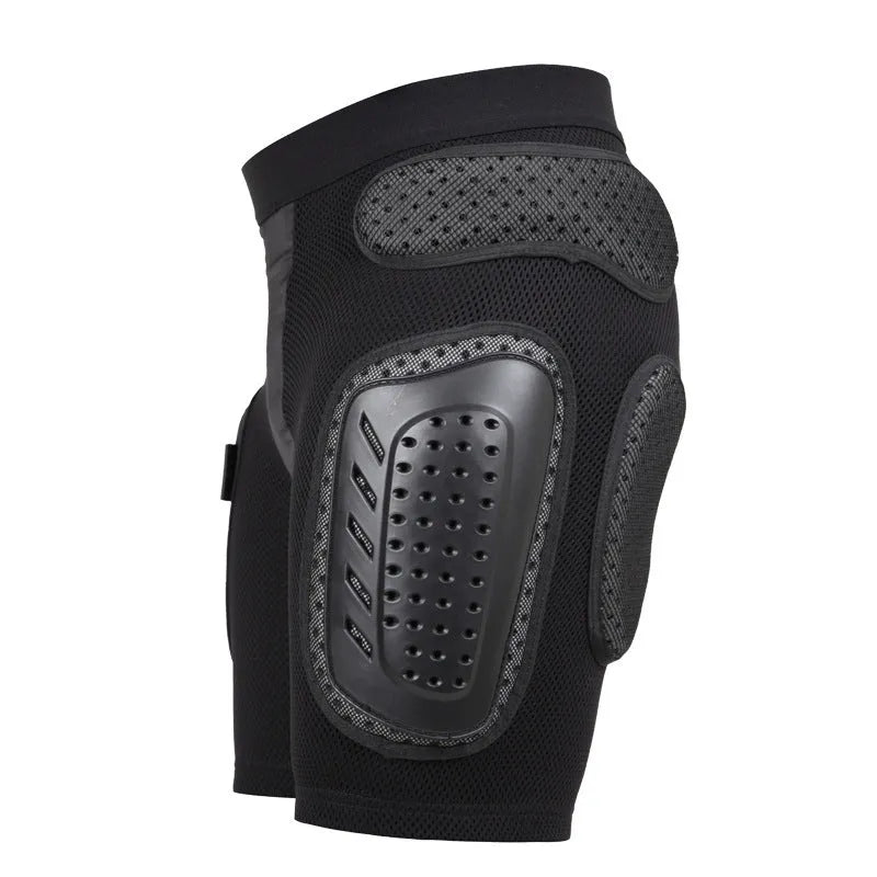 Black cycling hip protection pants with removable padding, shown in size L on an adult model.