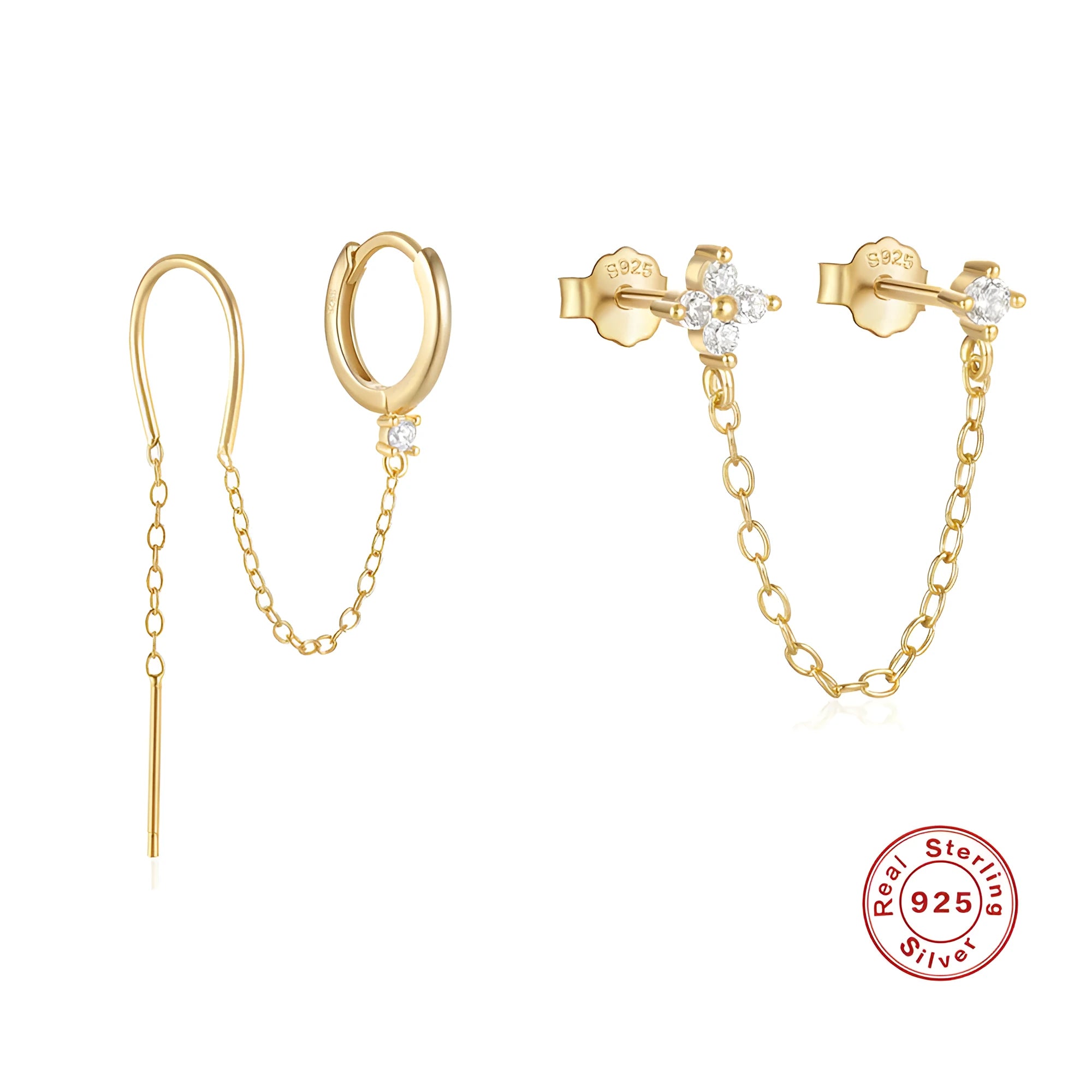 S925 sterling silver stud earrings with flower, tassel, and chain design in gold electroplated finish.