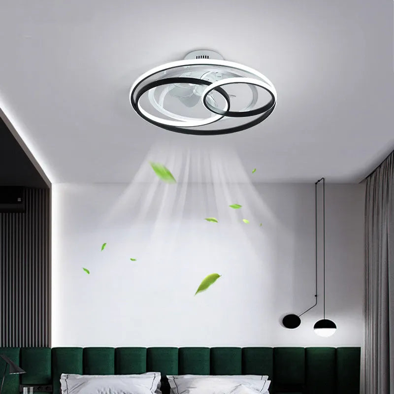 Nordic-style 48cm ceiling fan light with metal blades and acrylic lampshade in black or gold finish.