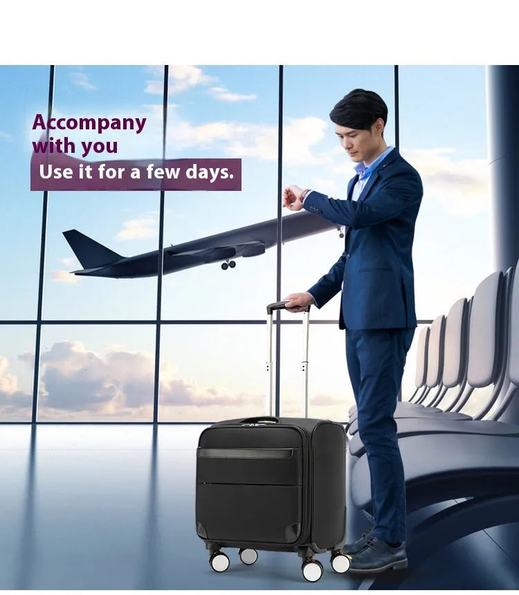Black 18-inch Oxford cloth carry-on suitcase with universal wheels and retractable handle