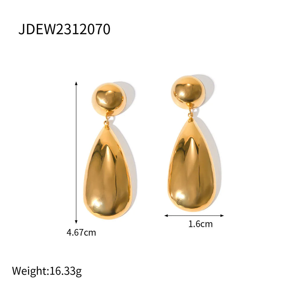 Gold electroplated stainless steel earrings with geometric hemisphere water drop pendant design