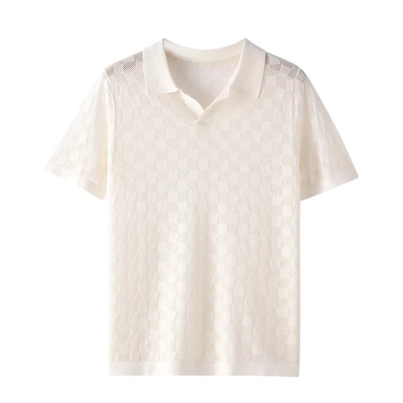Men's mulberry silk short sleeve lapel sweater in business casual style