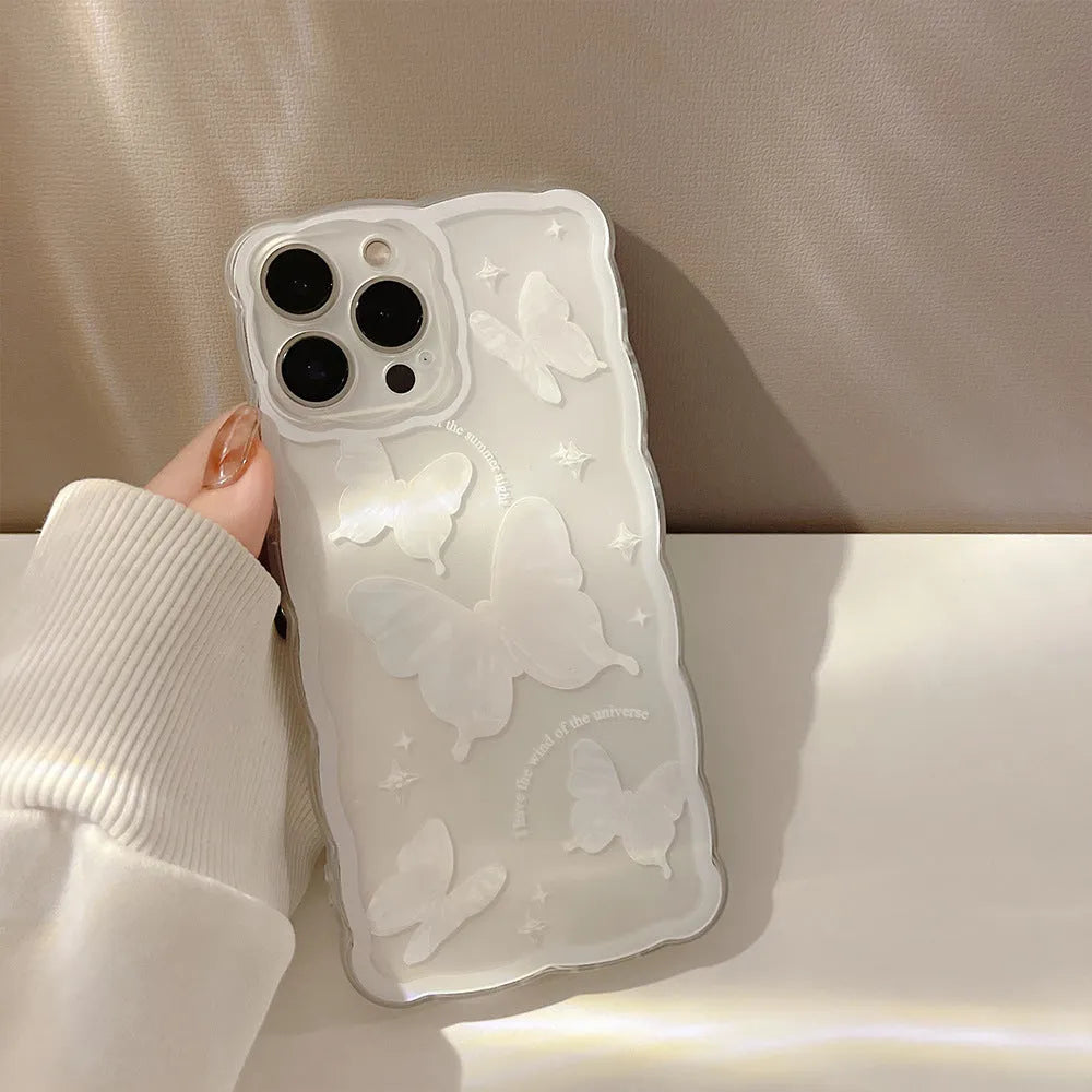 Transparent white crystal butterfly phone case in TPU for iPhone 12 to 15 models
