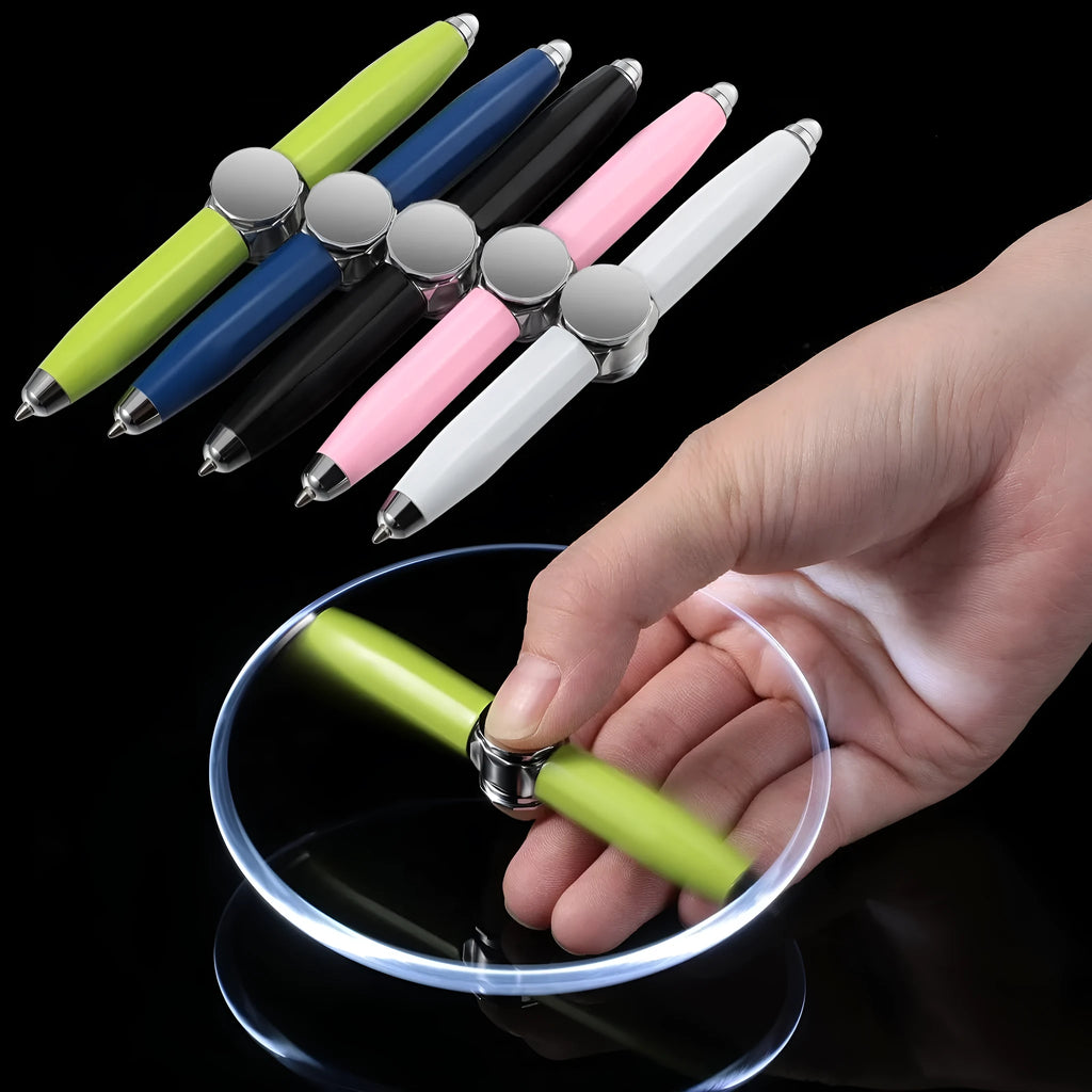 Metal ballpoint pen with a spinning gyro on top, shown in 10.5cm length, with selectable ink colour options.
