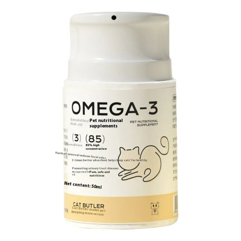 Cat Butler Pet Fish Oil nutritional supplement bottle with omega-3s and krill oil for cats