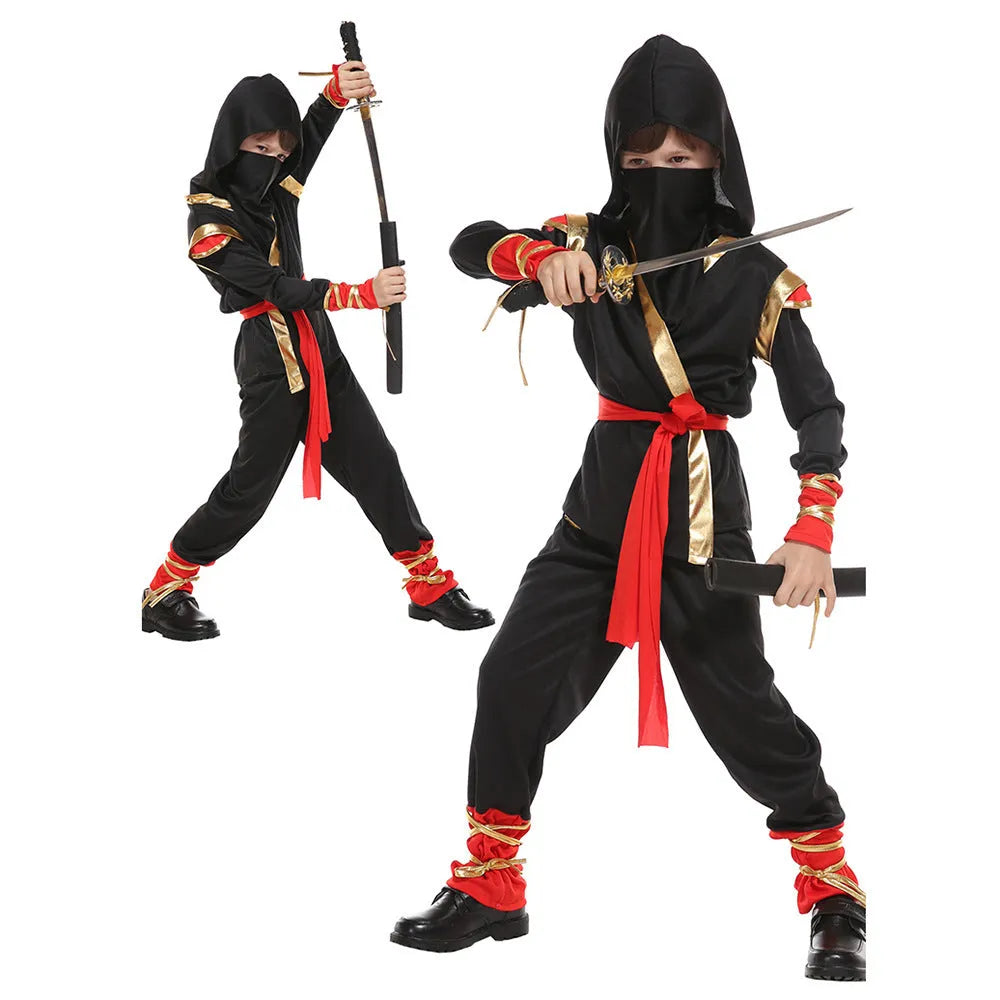 Black spandex children's Halloween ninja costume set with top pants armor mask belt headwear and bandages