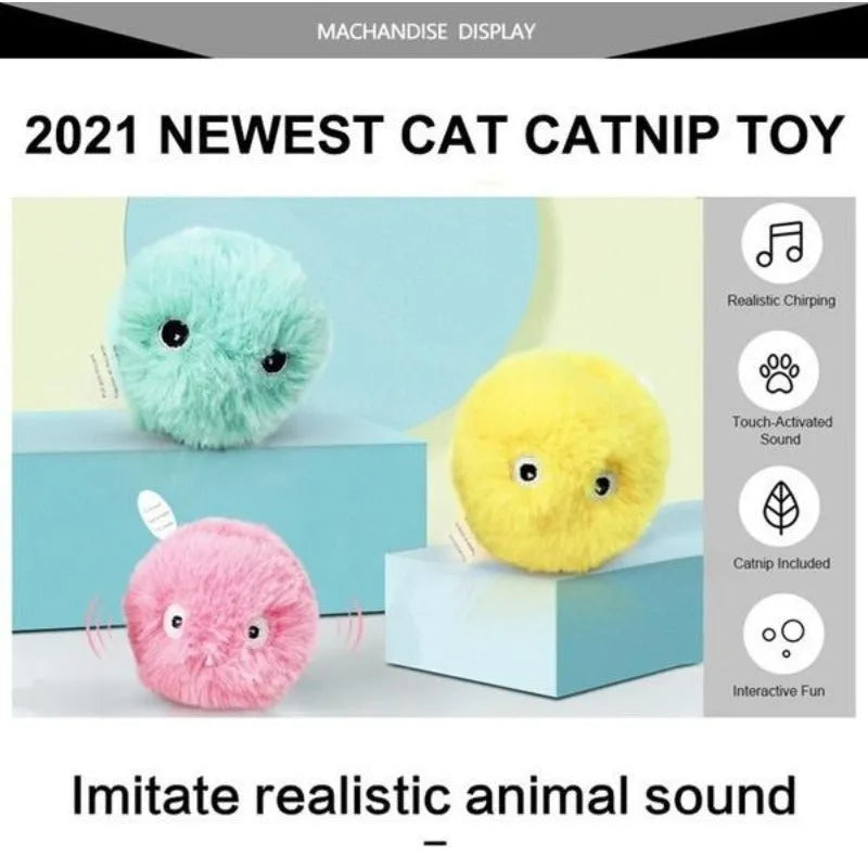 Interactive cat toy ball in blue, pink or yellow with 55mm diameter and smart trigger for animal sounds