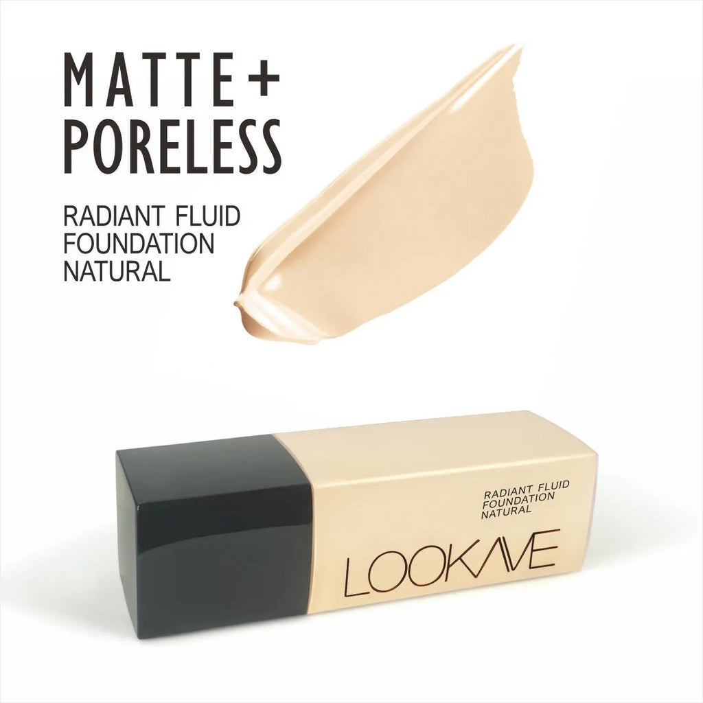 LOOKAVE Matte Liquid Foundation bottle in Ivory White, 21g net content, shown with LK63C shade range.