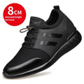 Men's black casual shoes with invisible height increase, available in leather, Lycra, and mesh uppers.