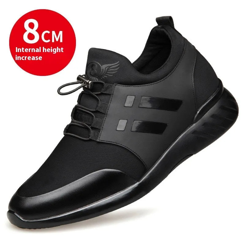 Men's black casual shoes with invisible height increase, available in leather, Lycra, and mesh uppers.
