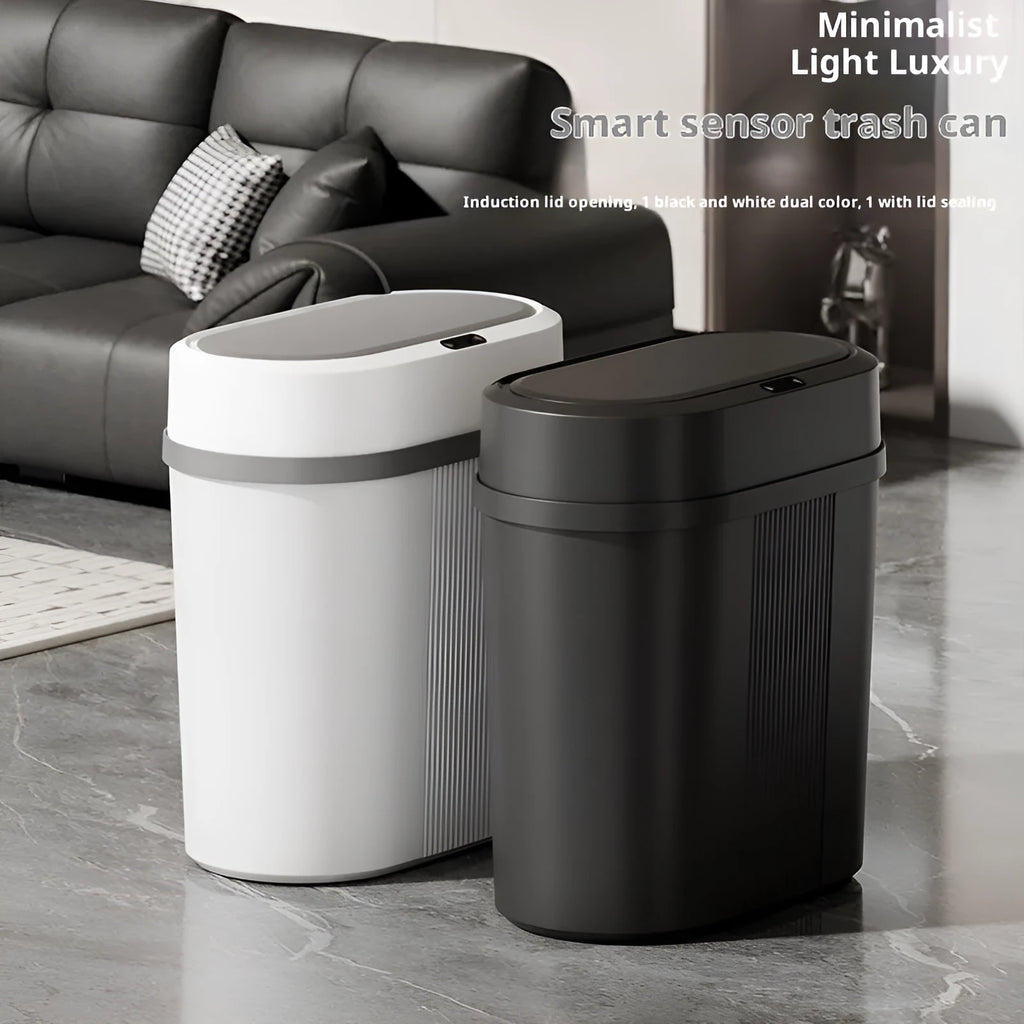 Square smart trash can with lid, waterproof moisture-proof PP bin in black or white battery type