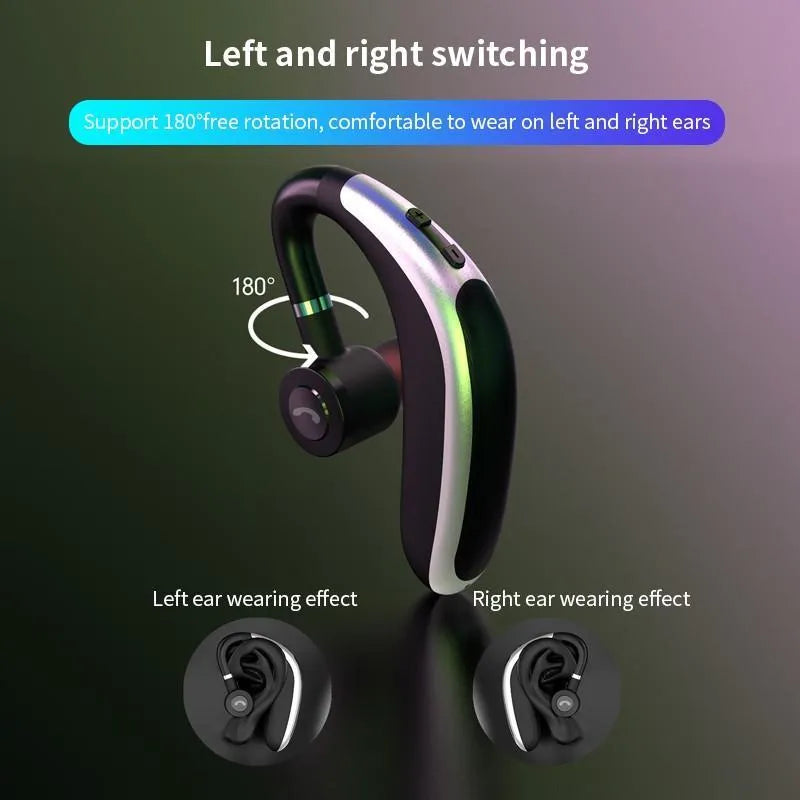 Wireless ear Bluetooth headset with hanging ear design in black, featuring battery display for calls and music