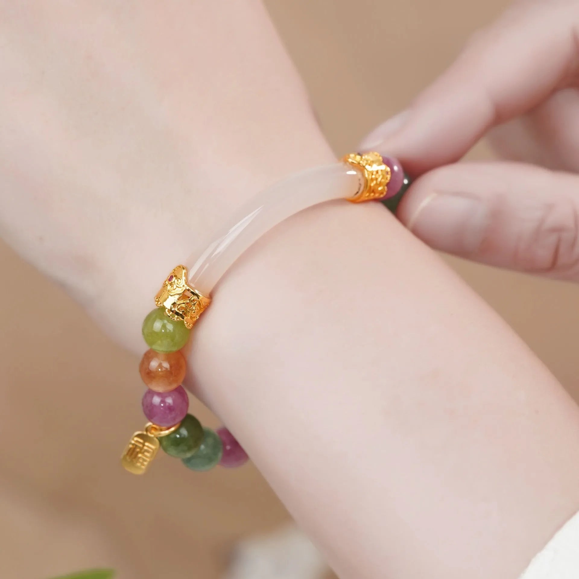 Rainbow-coloured tourmaline half bracelet for women with electroplated finish