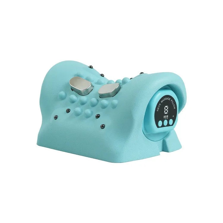 Blue-green portable EMS massage pillow for neck and shoulders with hot compress.
