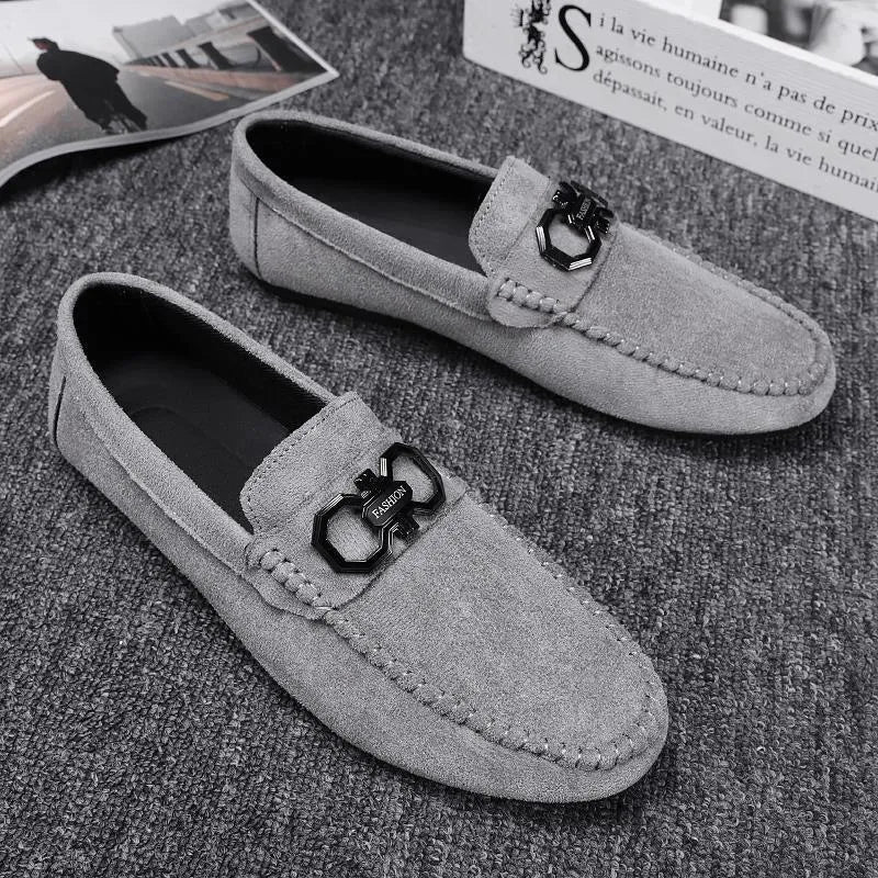 Men's black and grey suede casual shoes with cowhide leather and rubber sole
