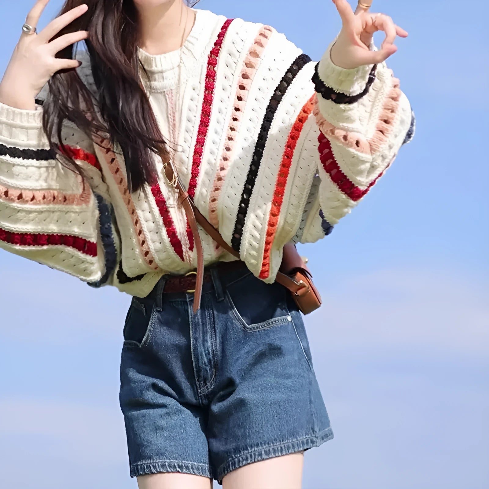 Retro rainbow striped loose-fit pullover sweater with batwing sleeves