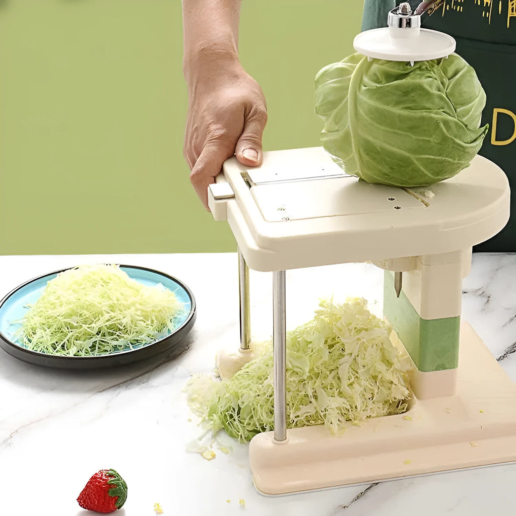 Beige stainless steel vegetable slicer chopper and spiralizer tool for kitchen use