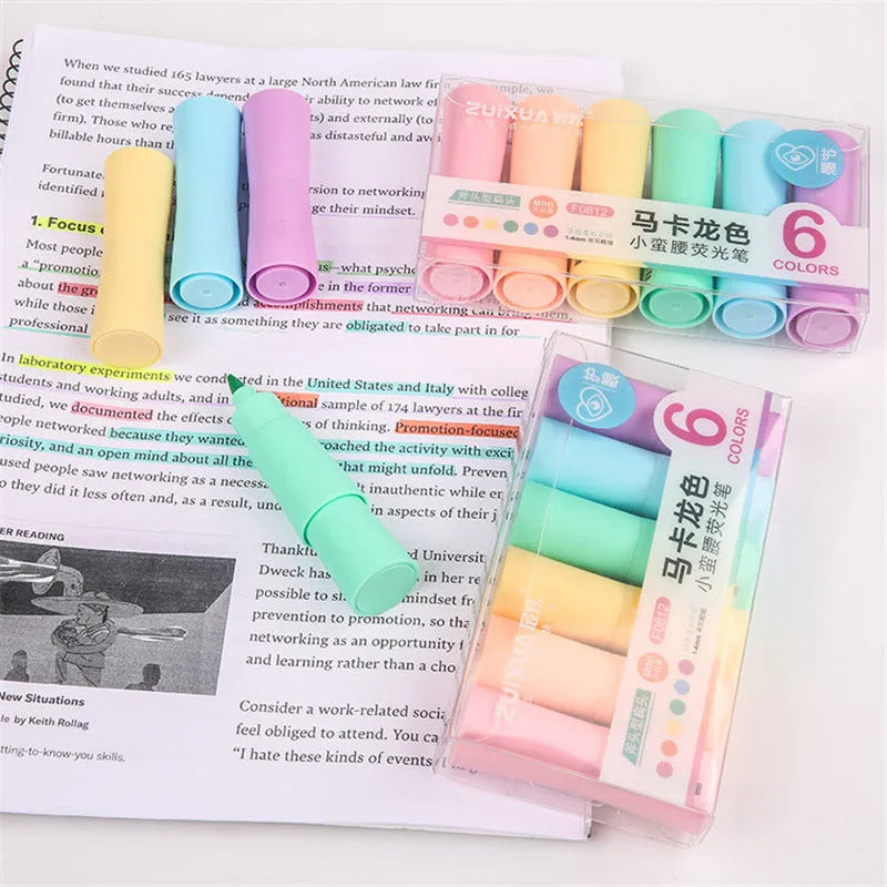 Set of six large capacity macaron colour marker pens with pastel tones in plastic shell bagged packaging