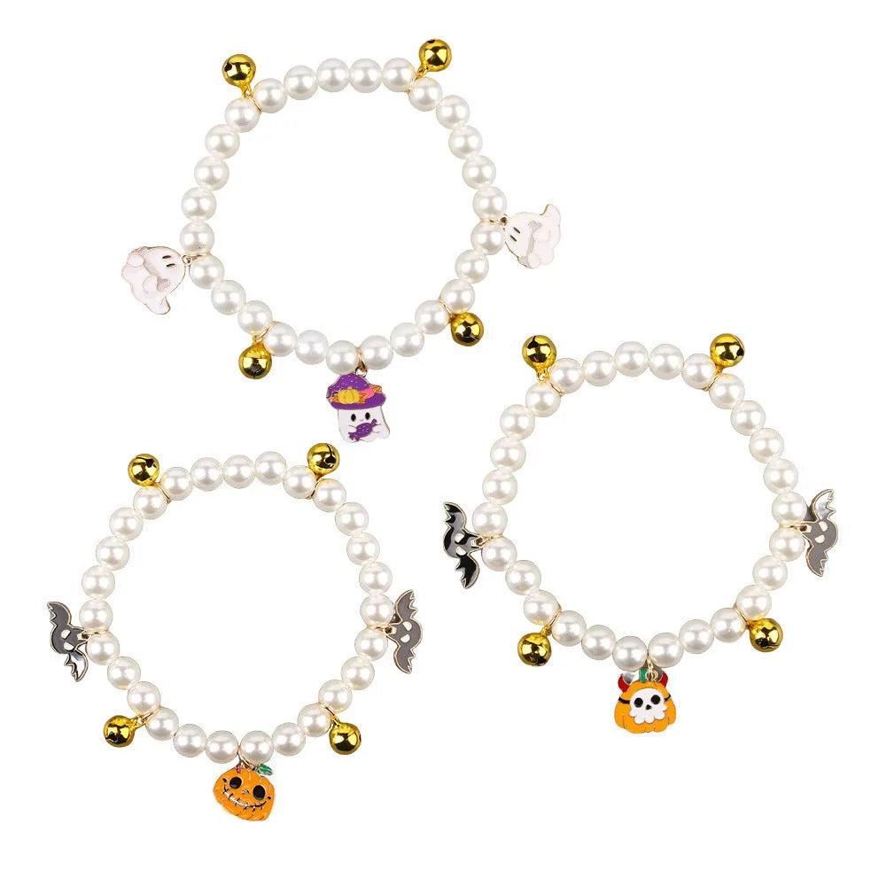 Halloween cat collar with pearl necklace decoration showing three pumpkin design variations