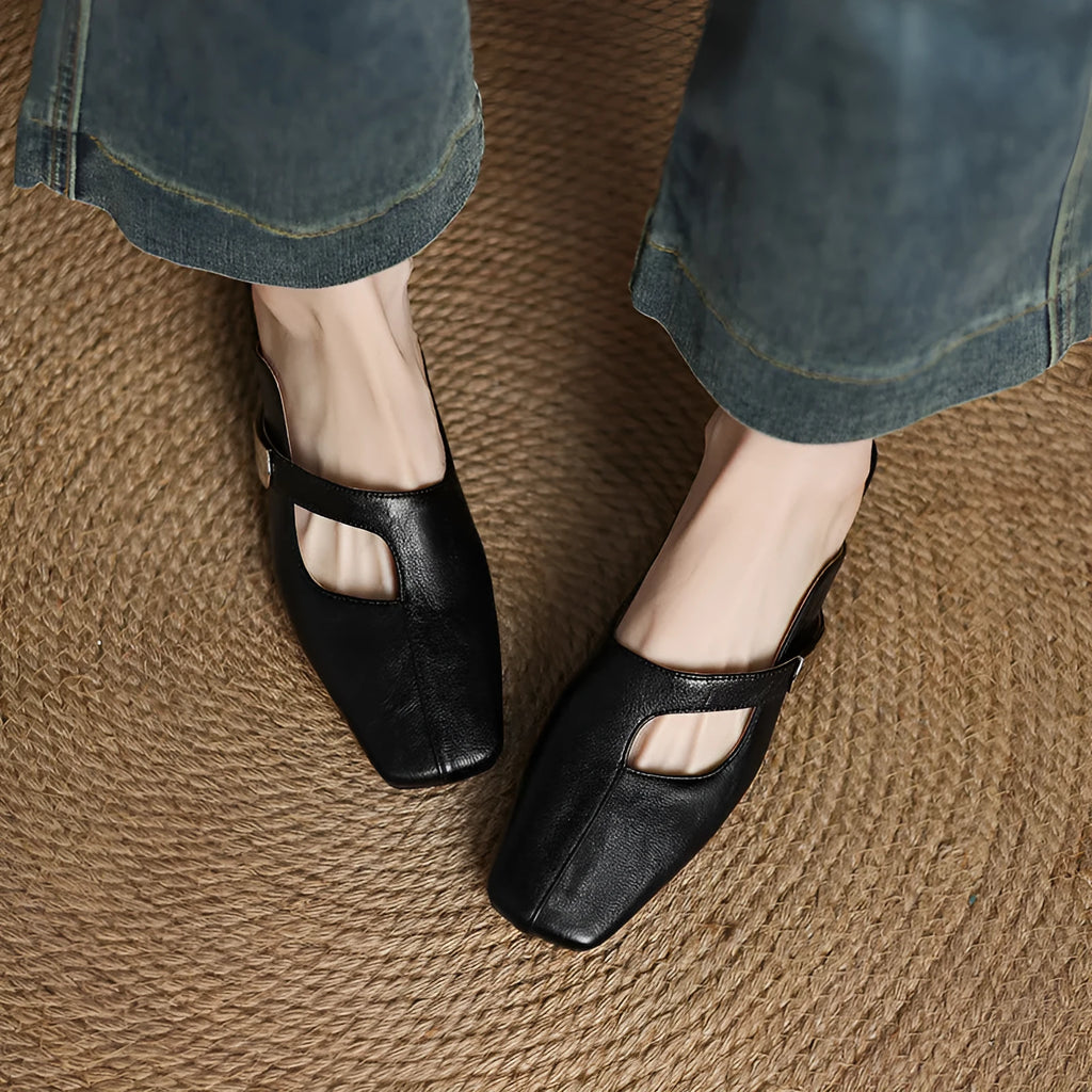 Low heel square toe outdoor slippers in black, beige, or silver with rubber sole