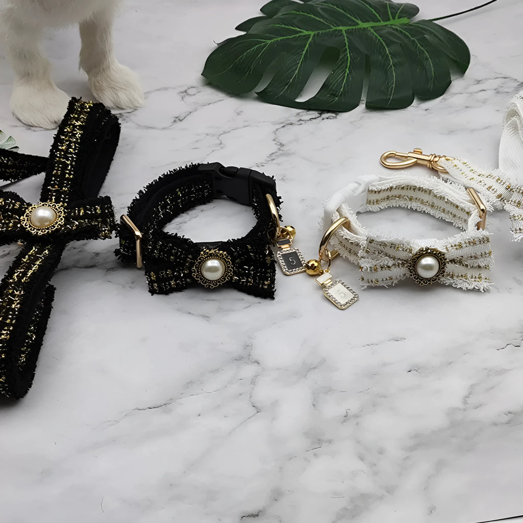 Striped nylon dog collar and lead set with 130cm traction rope, 2cm wide, in black or white