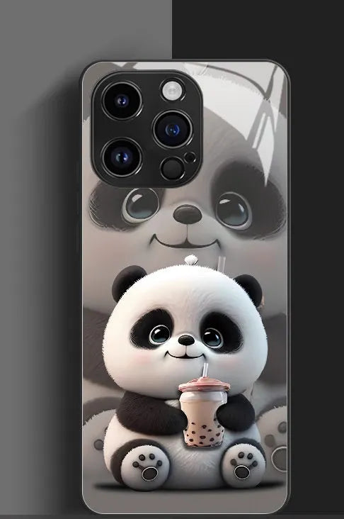 High-permeability glass phone case with painted cute panda artwork for iPhone 15 14 13 12 in black